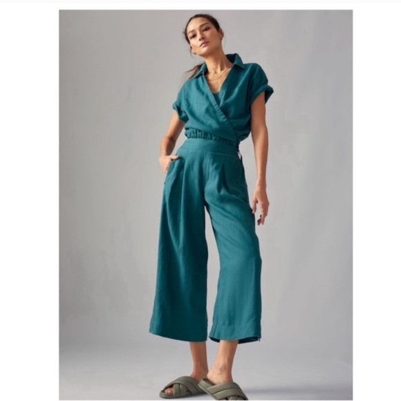 Athleta Playa Linen High Rise Pleated Wide Leg Pants in Borealis Blue - Picture 2 of 13